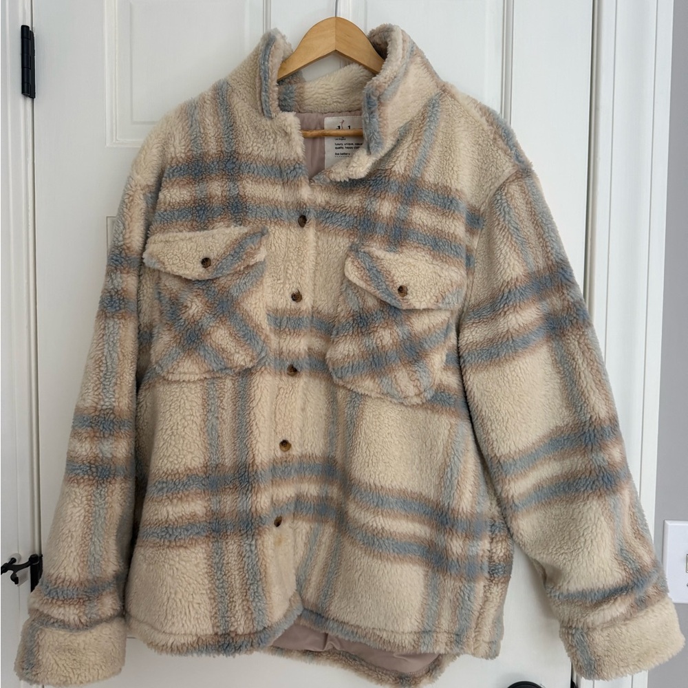 dylan Cream Sherpa Plaid Jacket with Blue & Tan Stripes